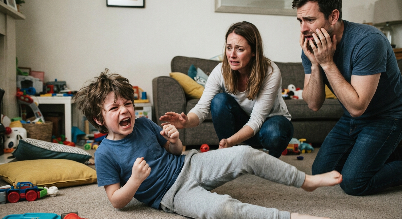 A young child in an explosive rage on the floor as his alarmed parents look on — the intense mood episodes of childhood bipolar disorder