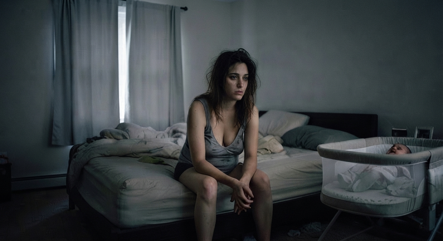 An exhausted, despondent mother sitting on the edge of the bed near her baby — the heavy weight of postpartum depression