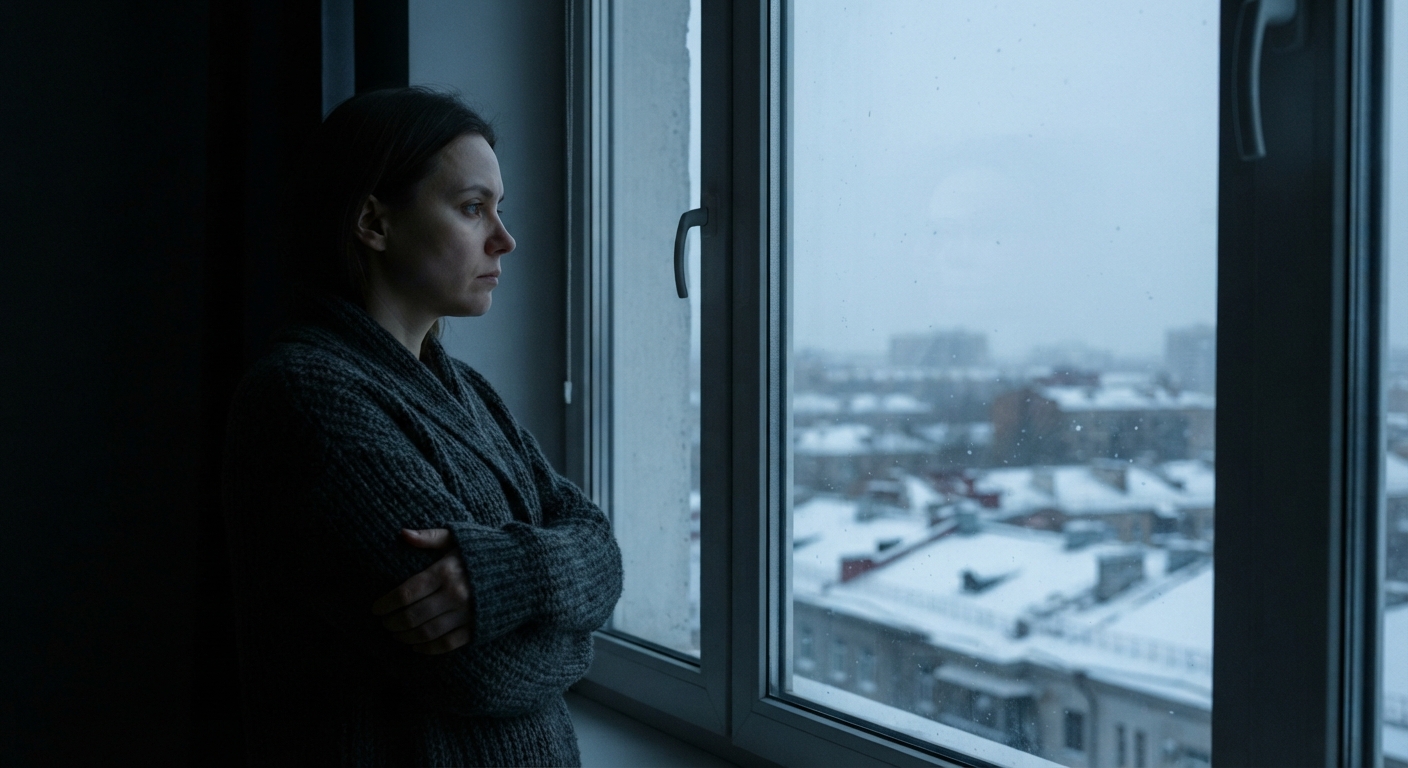 A woman gazing out at a snowy cityscape from a dim window — the low mood of Seasonal Affective Disorder