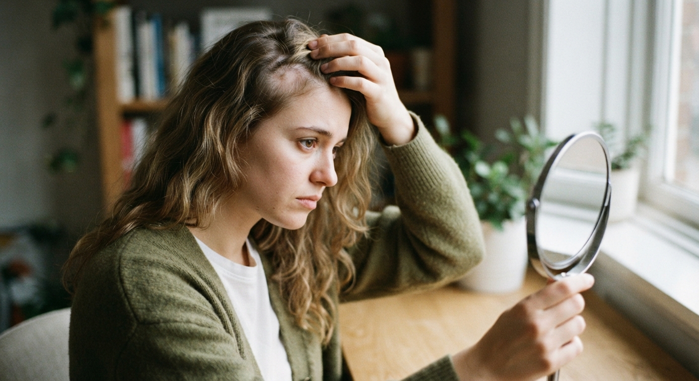 A woman examining a patch of hair loss on her scalp in a hand mirror — the hair-pulling of trichotillomania